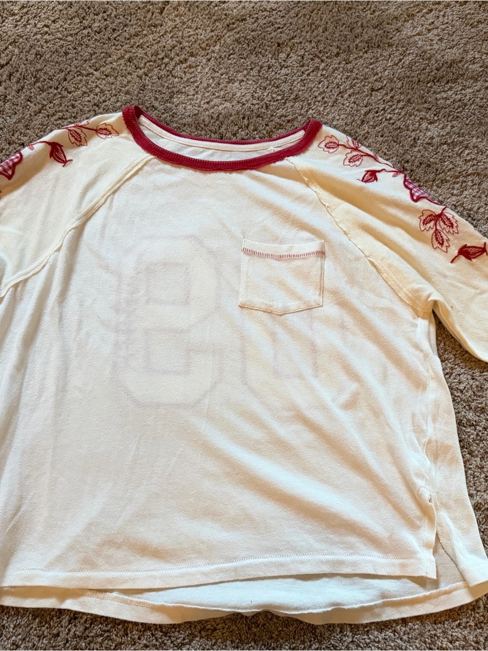 We The Free Cream Short Sleeve Tee with Red Trim and Floral Sleeves